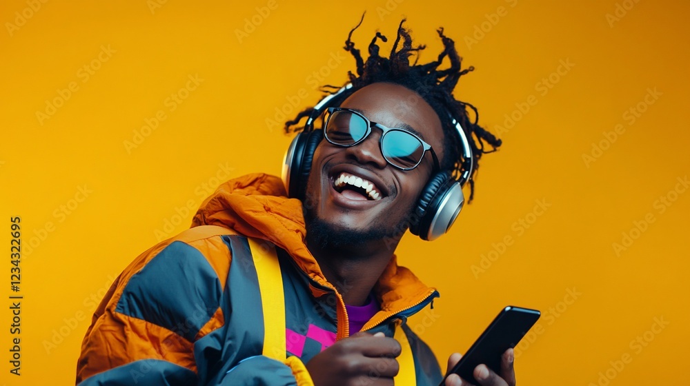 Fototapeta premium Happy man listening music, phone, studio, yellow background, advertisement
