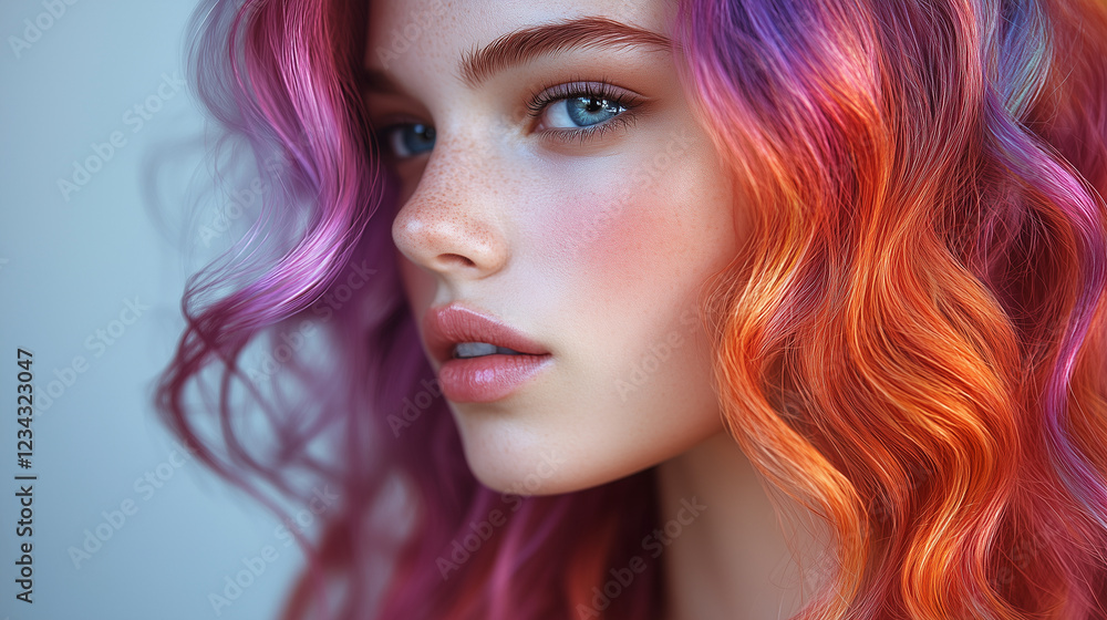 Close-Up of a Woman with Shiny colorful Wavy Hair – Perfect for Beauty, Haircare, and Fashion Advertisements, Salon Branding, and Cosmetic Product Promotions Close-Up of a Woman with Shiny colorful Wavy Hair – Perfect for Beauty, Haircare, and Fashion Advertisements, Salon Branding, and Cosmetic Product Promotions