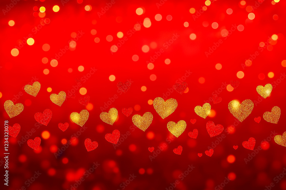 Red Background with lots of small Golden Blurred Bokeh Effect Hearts. Red Background with lots of small Golden Blurred Bokeh Effect Hearts.