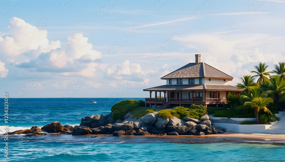 Fototapeta premium Beach house overlooking ocean , with white tonespng