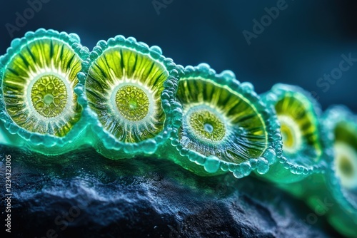 Microscopic view of vibrant green algae, showcasing intricate cellular structures and bubbly texture. photo