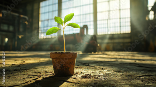 A single green sprout grows from a weathered planter in a sunlit industrial environment, highlighting nature's ability to thrive in unexpected places amidst aged surroundings photo