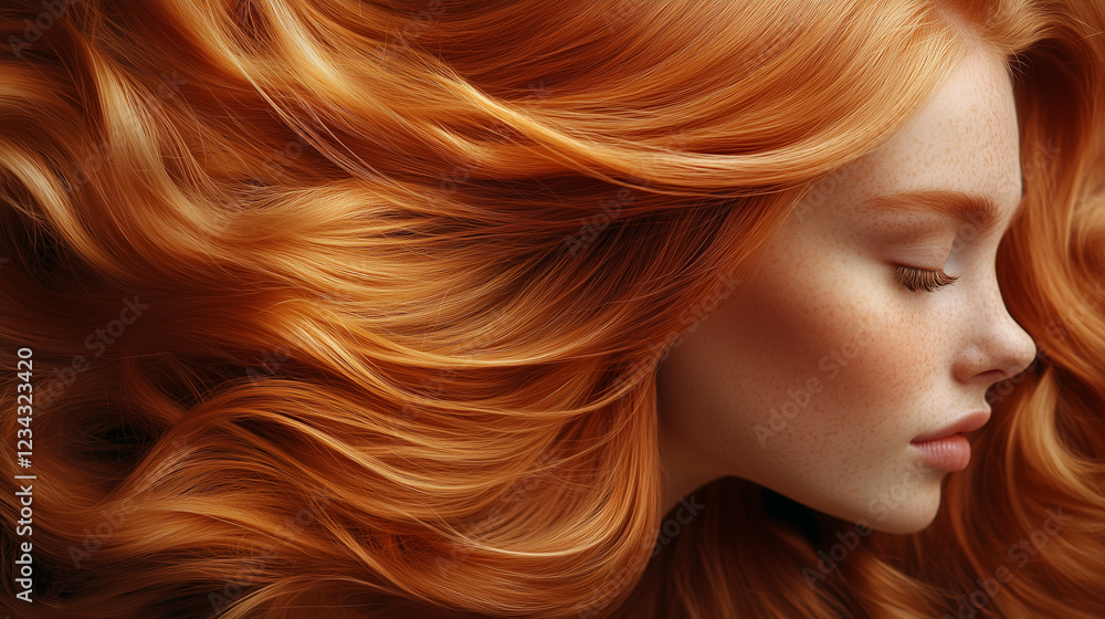 Close-Up of a Woman with Shiny red Wavy Hair – Perfect for Beauty, Haircare, and Fashion Advertisements, Salon Branding, and Cosmetic Product Promotions Close-Up of a Woman with Shiny red Wavy Hair – Perfect for Beauty, Haircare, and Fashion Advertisements, Salon Branding, and Cosmetic Product Promotions