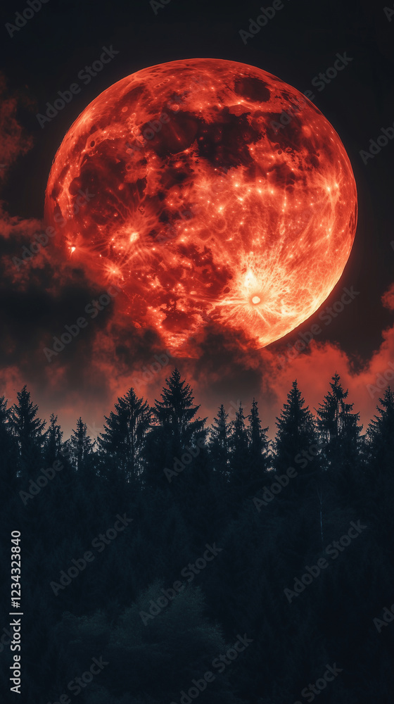 Red Supermoon Over a Dark Forest – Mysterious Night Sky Scene for Fantasy Art, Book Covers, and Halloween Designs Red Supermoon Over a Dark Forest – Mysterious Night Sky Scene for Fantasy Art, Book Covers, and Halloween Designs