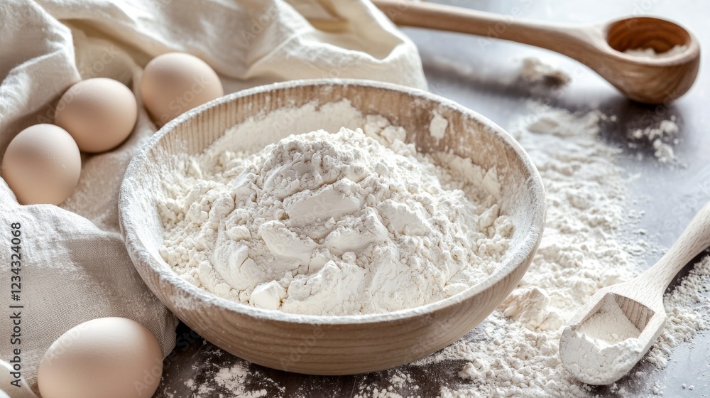 Rustic baking scene with flour, eggs, and wooden utensils Rustic baking scene with flour, eggs, and wooden utensils