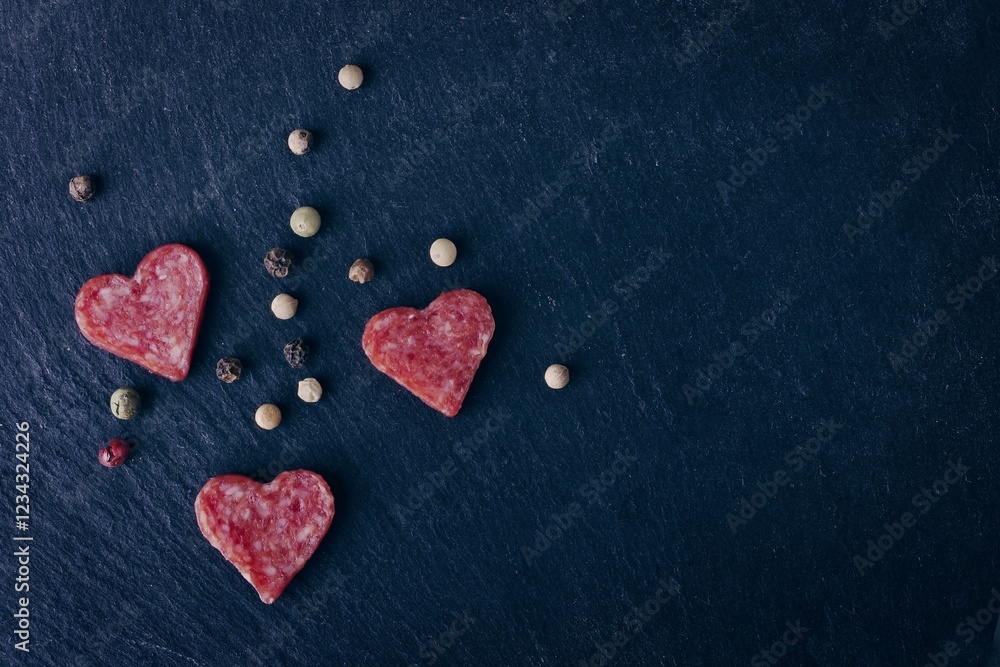 Salami in heart shape sliced on a cutting board, seen directly above. . Horizontal image with copy space. Salami in heart shape sliced on a cutting board, seen directly above. . Horizontal image with copy space.