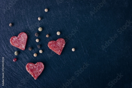 Salami in heart shape sliced on a cutting board, seen directly above. . Horizontal image with copy space.	
