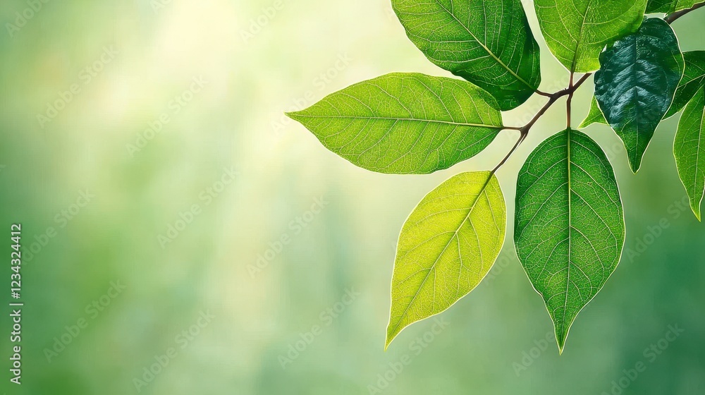 Vibrant Green Leaves on Branch in Soft Natural Light with Blurred Background Vibrant Green Leaves on Branch in Soft Natural Light with Blurred Background