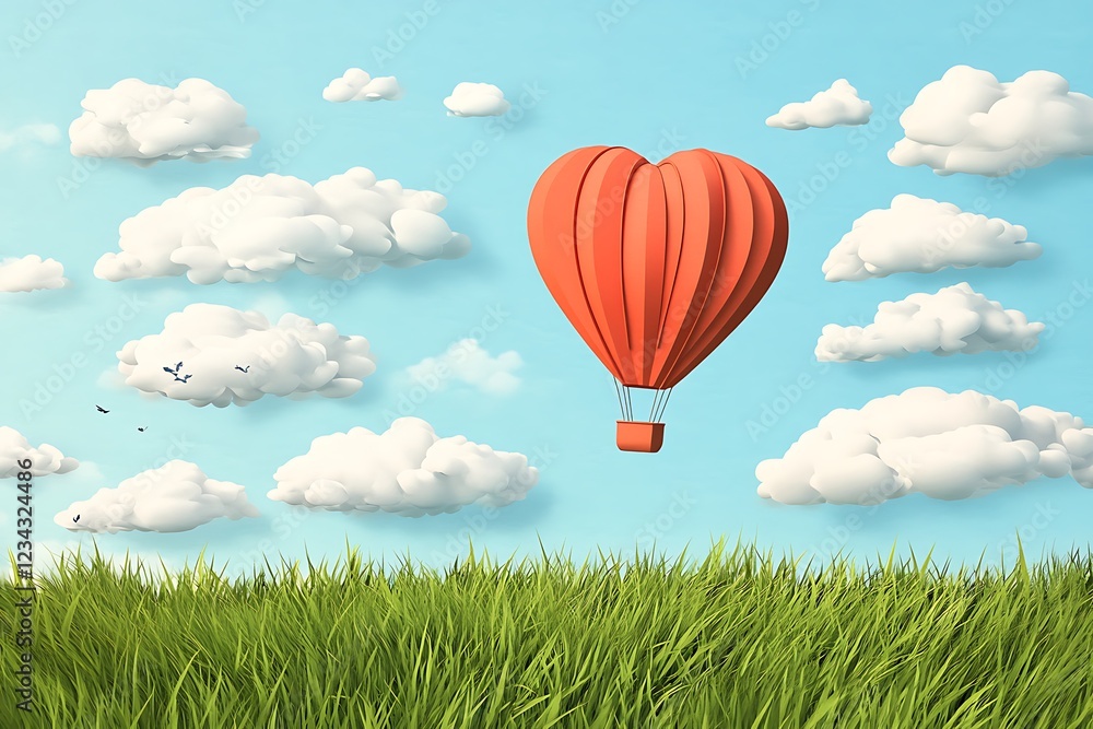 Naklejka premium Heart-Shaped Hot Air Balloon Soars Above Lush Grass
