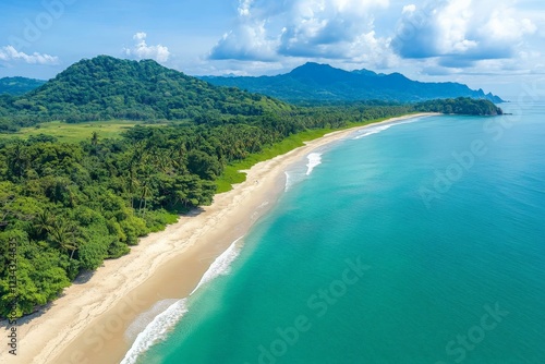 Serene tropical beach with clear turquoise water and lush green mountains under a bright blue sky