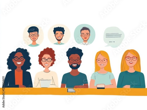 Illustrate a diverse group of individuals communicating effectively in a team photo