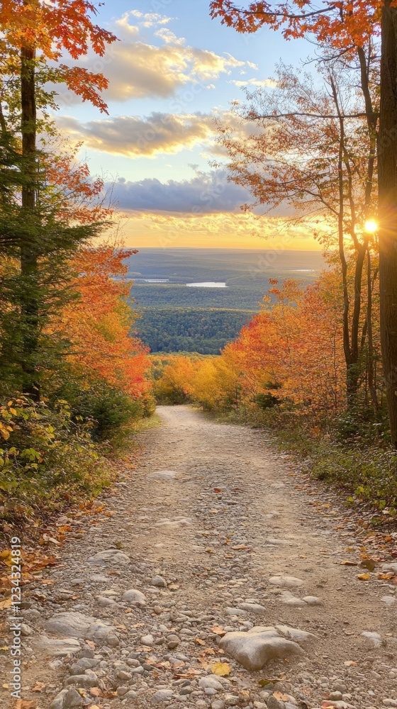 Fototapeta premium Autumnal Path at Sunset: A Serene Mountain View