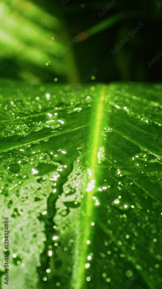 Refreshing Water Droplets Falling On Vibrant Green Foliage Refreshing Water Droplets Falling On Vibrant Green Foliage