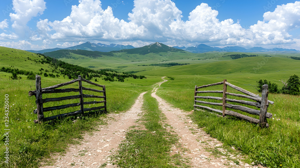 Mountain valley road, open gate, summer Mountain valley road, open gate, summer