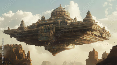 A colossal flying vimana with elaborate architectural details, resembling an ancient temple, hovering majestically above rugged landscapes under a cloudy sky
