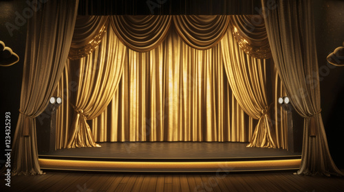 Stage with red curtains and bright stage lights ready for a performance or event