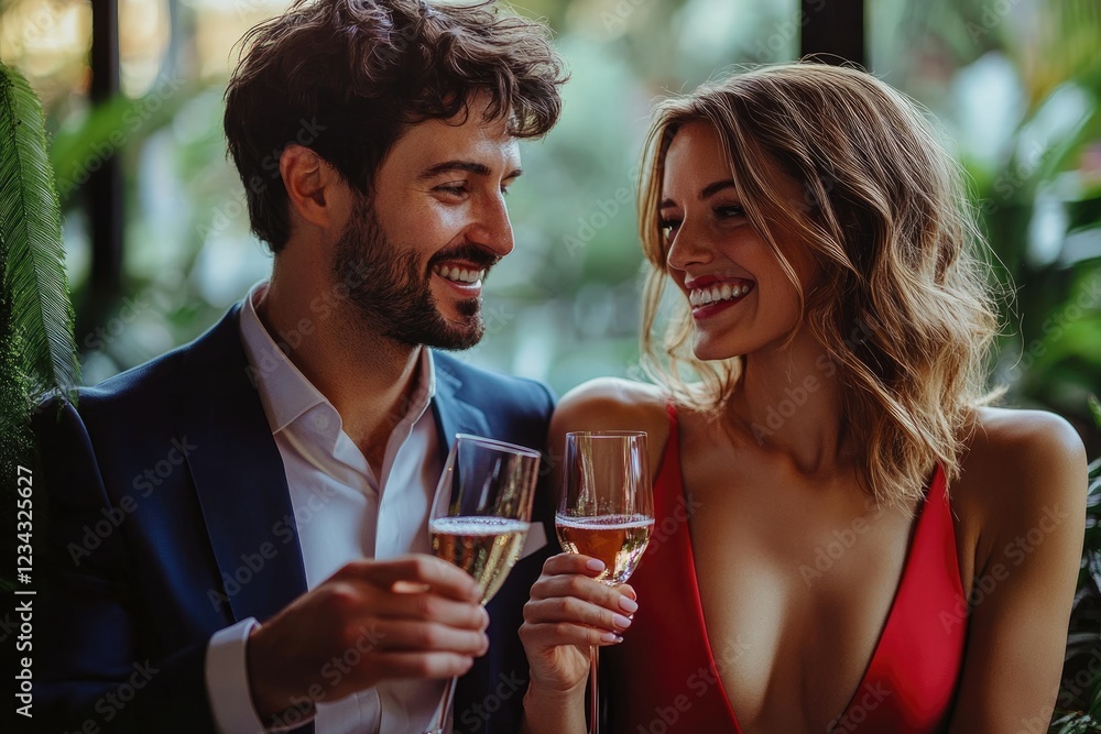 A romantic couple enjoys champagne together in a sophisticated setting. A romantic couple enjoys champagne together in a sophisticated setting.