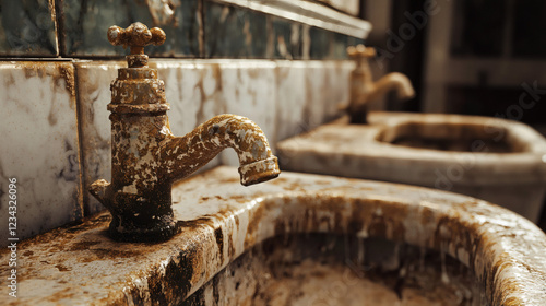 Dirty kitchen sink with faucet and water stains in a residential home environment