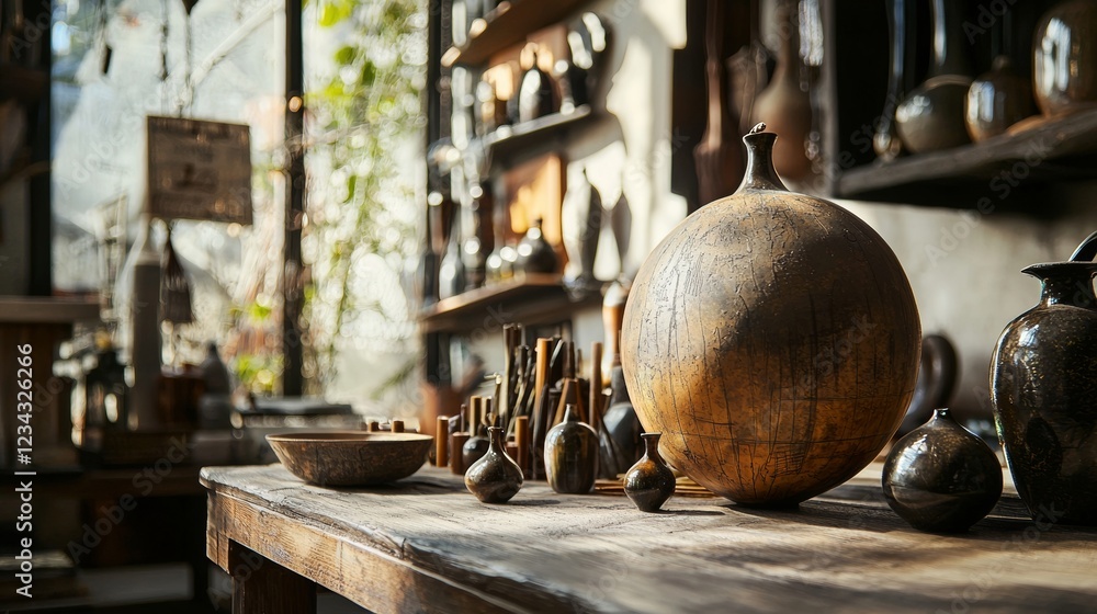 Fototapeta premium Vintage kitchen with wooden shelves and artisanal utensils
