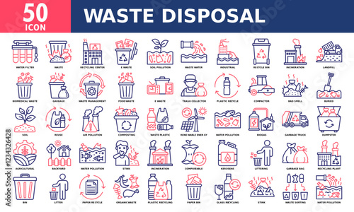 Waste disposal icon set collection. Simple line color vector.