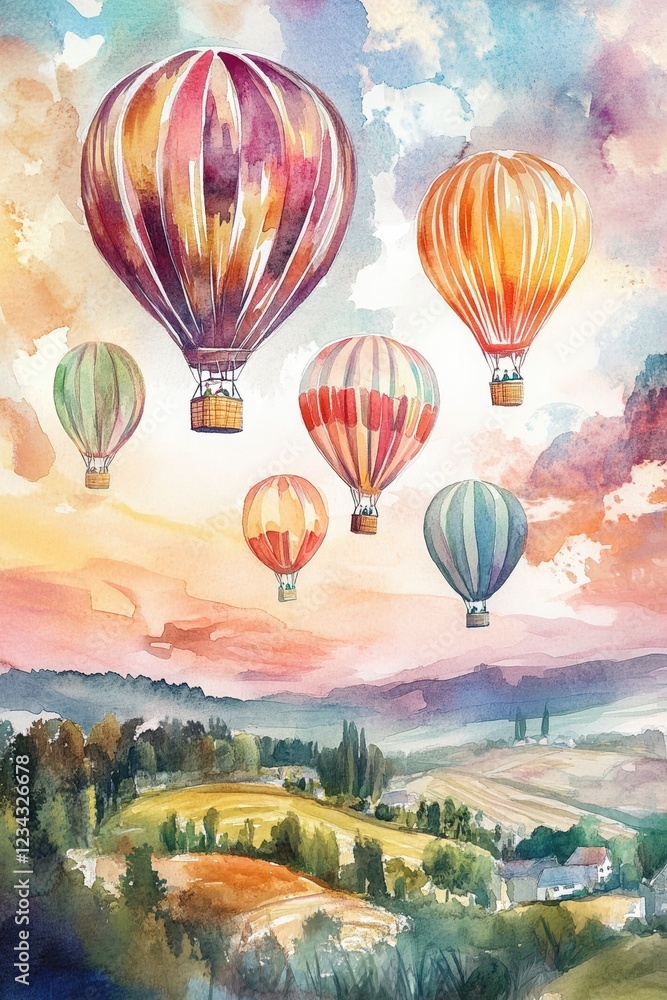Obraz premium A vibrant watercolor illustration of colorful hot air balloons floating above a scenic countryside landscape with rolling hills, green fields, and a warm, pastel-colored sky