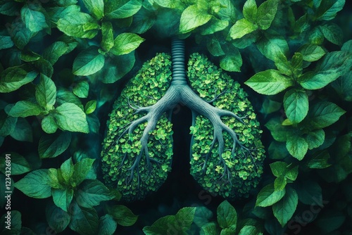 Lungs depicted in vibrant green foliage symbolize nature's breath in a serene, uplifting environment affecting health and wellness photo