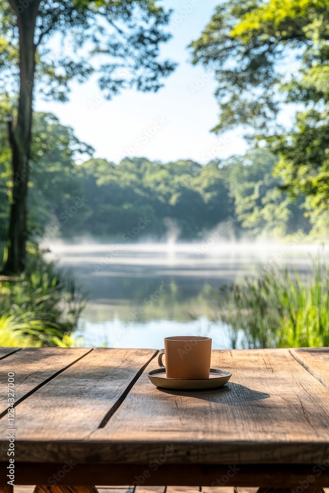 Fototapeta premium Serene morning mist over lake, coffee cup on wooden table. Calm, peaceful nature background.