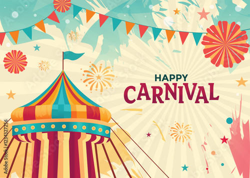 Happy Carnival. Celebrate Brazil and South America's vibrant festival with colorful party elements, bold typography, and a festive circus theme perfect for banners, posters, and cards.