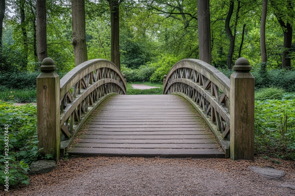 Wooden footbridge over a serene path in a lush green park surrounded by trees Wooden footbridge over a serene path in a lush green park surrounded by trees