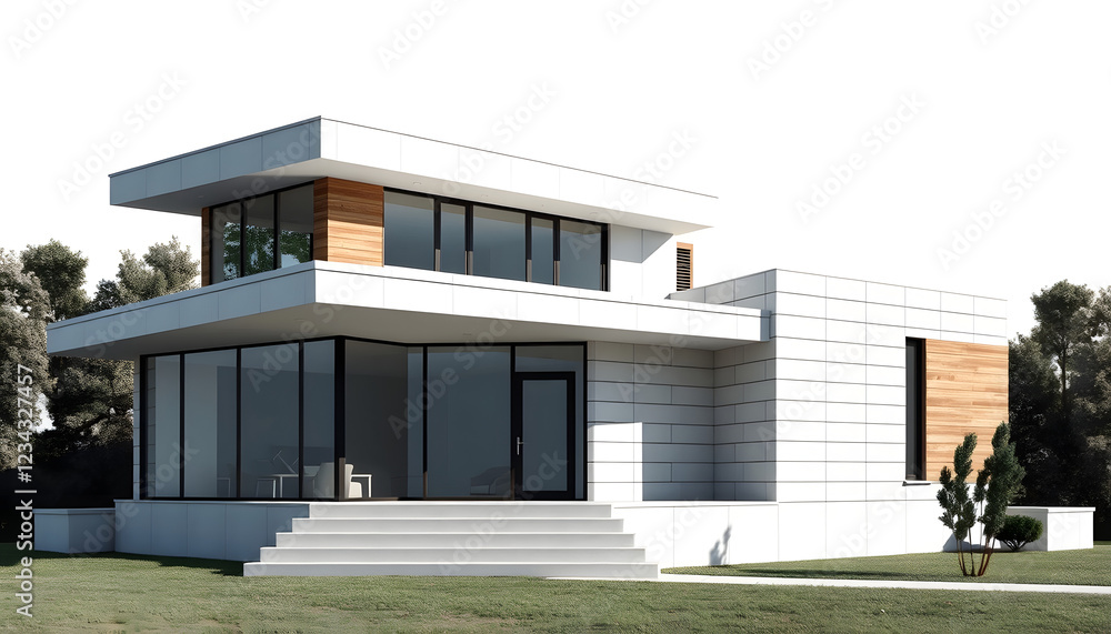 Fototapeta premium A mid-century modern house with a flat roof, clean lines, and large glass panels for a striking facade , with white tonespng