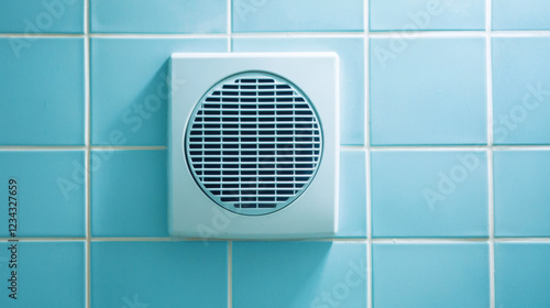White vent mounted on blue tiled wall in indoor environment for air circulation