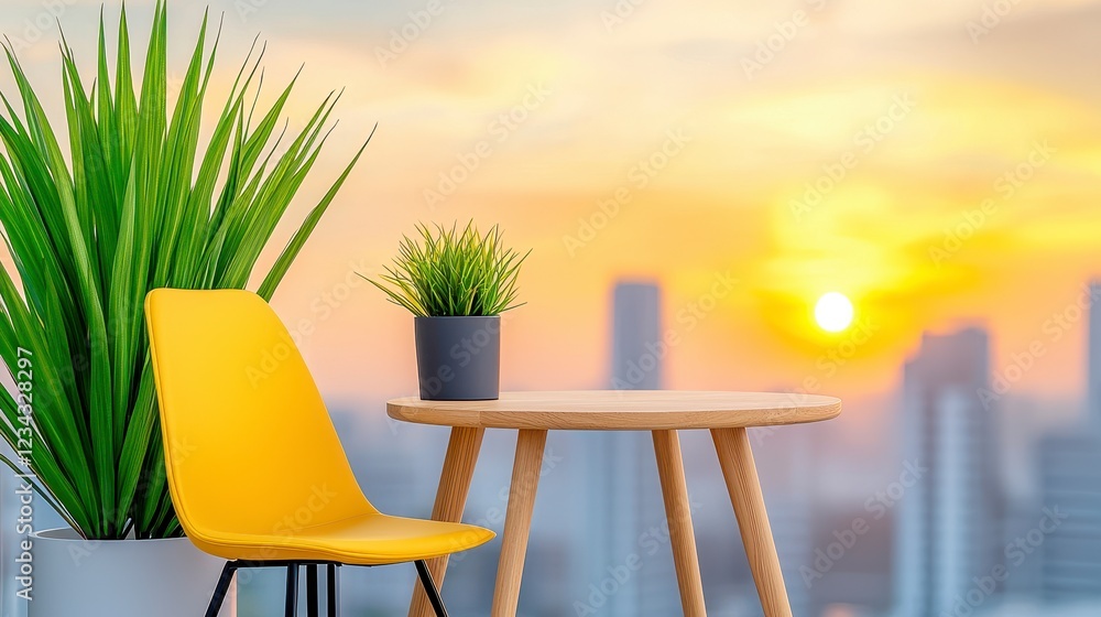 Naklejka premium Yellow Chair and Plants at Sunset City Skyline