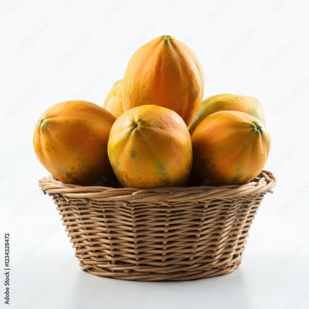 Ripe Whole Papaya Overflowing from a Basket with Fresh Juicy Fruit Ripe Whole Papaya Overflowing from a Basket with Fresh Juicy Fruit