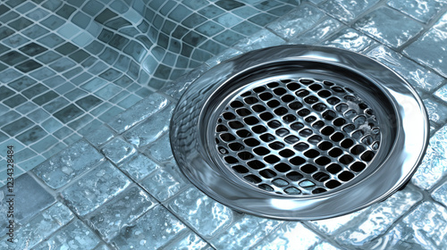Close up of a round drain in a tiled bathroom floor with visible water and tiles