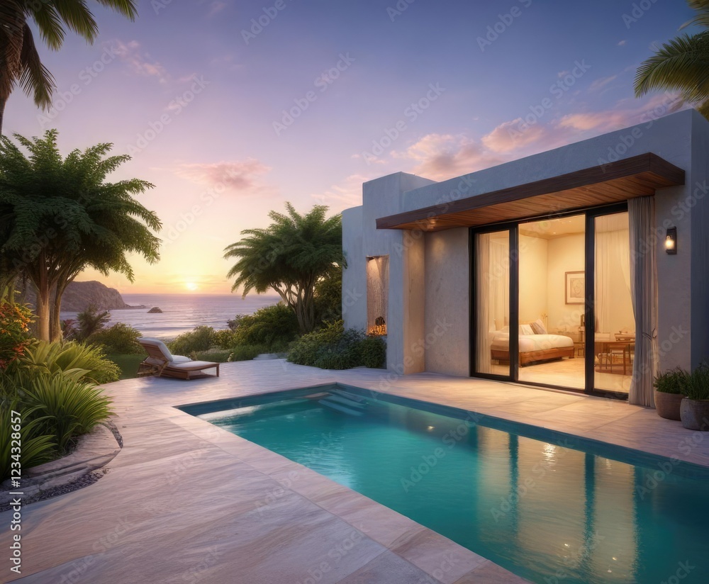Fototapeta premium Seaside villa with private pool and outdoor shower, tranquil atmosphere, private pool, lavish decoration