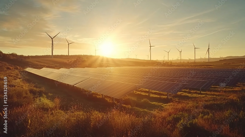 Obraz premium Golden Sunset Over Solar Panels and Wind Turbines