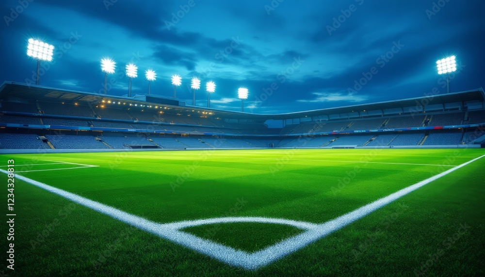 Fototapeta premium A Stunning Twilight Image of a Soccer Stadium with Lights Illuminating the Field
