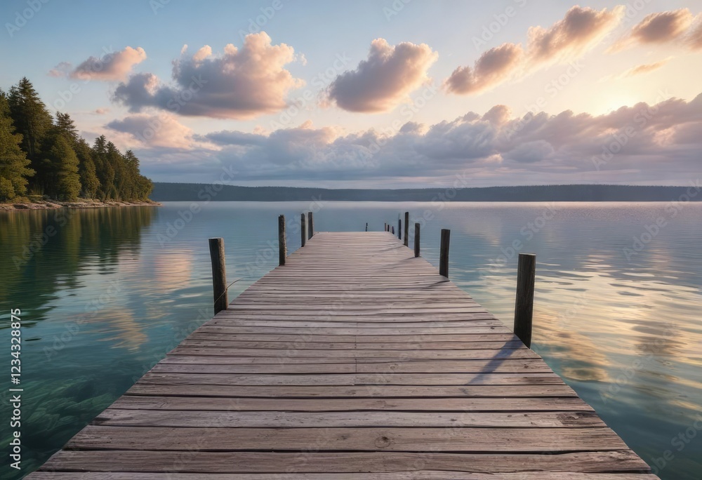 Scenic view of pristine Torch Lake with wooden pier, North America, remote, blue water, waterfront Scenic view of pristine Torch Lake with wooden pier, North America, remote, blue water, waterfront