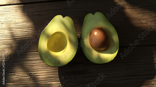 Half and half avocado halves displayed on a rustic wooden table surface