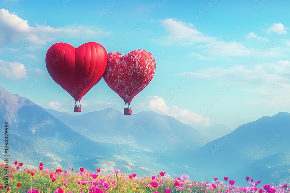 Fototapeta premium Heart-Shaped Hot Air Balloons Over a Mountain Meadow