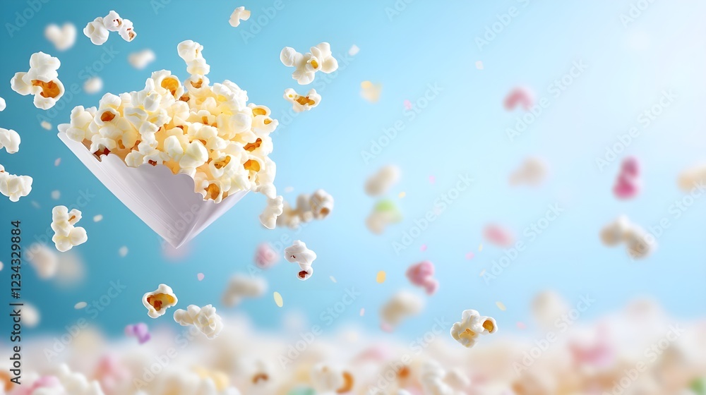 Flying Popcorn Kernels Against Blue Background Flying Popcorn Kernels Against Blue Background
