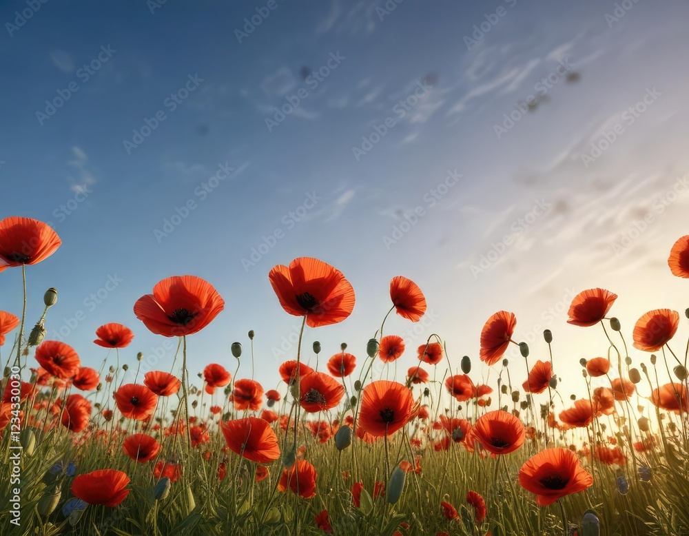 Obraz premium Red poppies swaying in the breeze at golden hour with a clear blue sky, gentle wind, flower fields, blooming flowers
