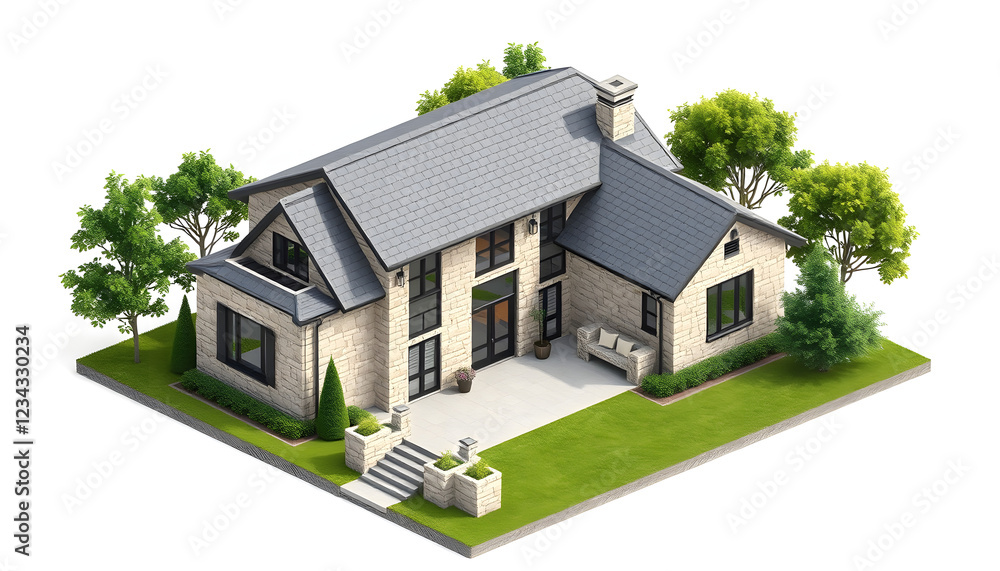 3d render of a modern private house stone texture facade with green lawn and trees, isometric, bird eye view , with white tonespng 3d render of a modern private house stone texture facade with green lawn and trees, isometric, bird eye view , with white tonespng