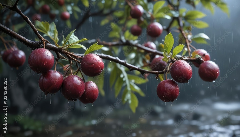 Rain-kissed plum clings to a branch as the surrounding foliage absorbs the rainwater , outdoor, droplets Rain-kissed plum clings to a branch as the surrounding foliage absorbs the rainwater , outdoor, droplets