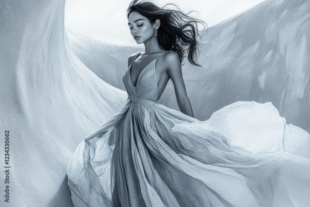 Elegant woman in flowing grey gown, windswept hair, serene expression, desert backdrop. Elegant woman in flowing grey gown, windswept hair, serene expression, desert backdrop.