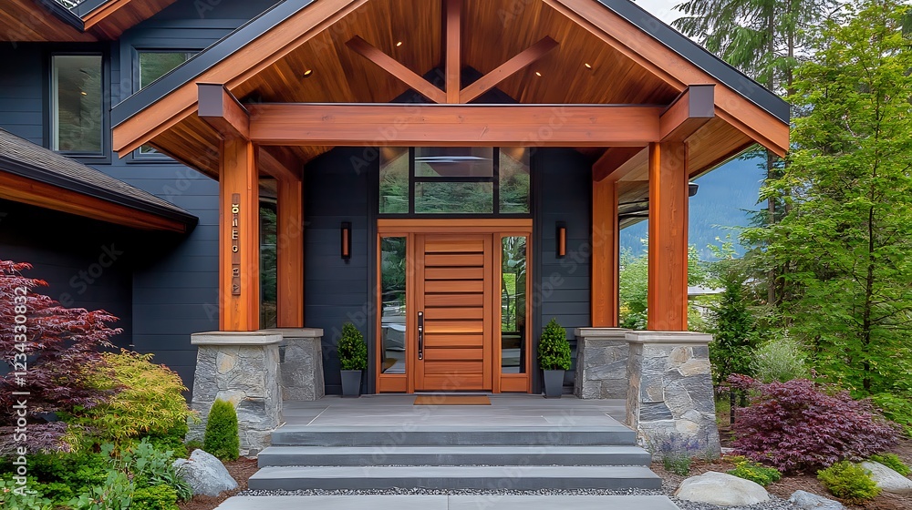 Modern home exterior with wooden entrance and stone accents. Modern home exterior with wooden entrance and stone accents.