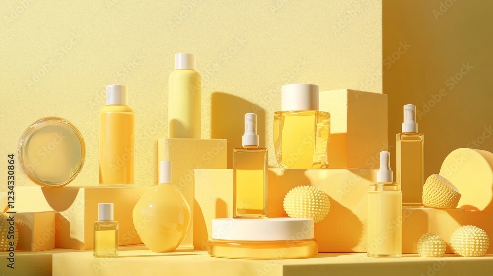 Collection of yellow cosmetic bottles Collection of yellow cosmetic bottles