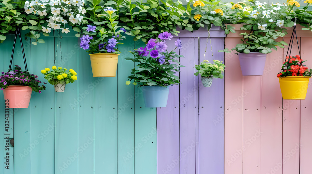 Obraz premium A colorful wall adorned with hanging flower pots in various shades.