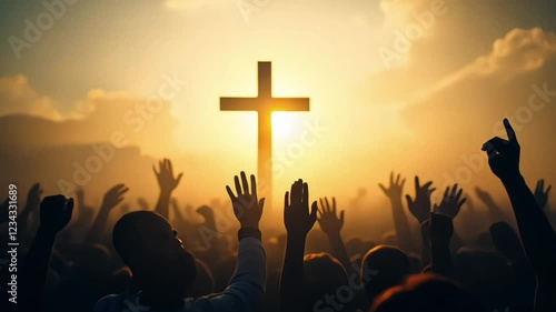 Christian worshipers raising hands up in the air in front of the cross