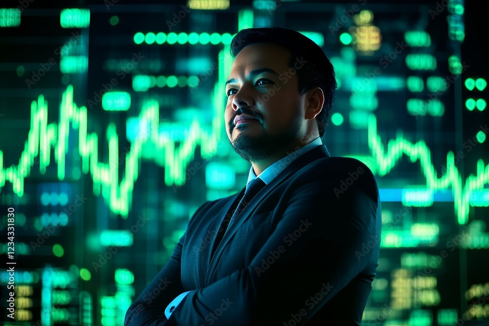 A businessman in a suit stands in front of a glowing stock market chart. A businessman in a suit stands in front of a glowing stock market chart.